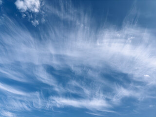 Sky with cirrus clouds. Wispy feather-like formations in bright blue atmosphere, soft texture, clean
