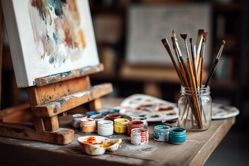 A photostock image of an artist&rsquo;s workspace featuring paints, brushes, and an unfinished canvas&mdash;capturing a moment of creativity and expression in progress.