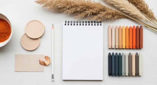 A flat lay of art supplies including a blank notebook, colored pencils, and a small bowl of orange spice on a white wooden surface