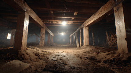 Dim crawl space featuring exposed wooden beams and dirt floor, showcasing typical structural conditions and highlighting urgent foundation repair and maintenance requirements in residential 71873164 1