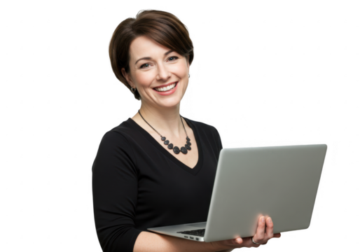 Smiling woman holding a laptop isolated on transparent background