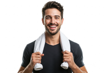Smiling man with towel around neck isolated on transparent background