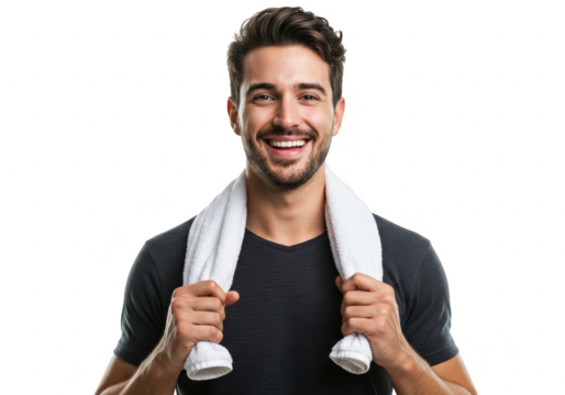 Smiling man with towel around neck isolated on transparent background