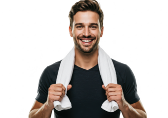 Smiling man with towel isolated on transparent background