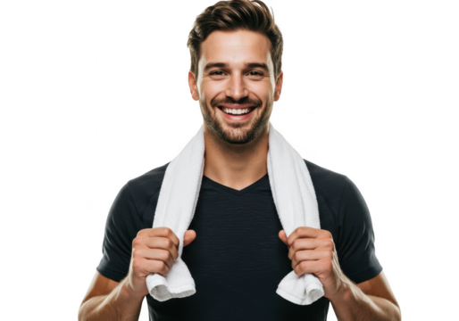 Smiling man with towel isolated on transparent background