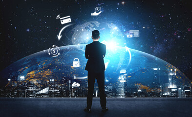 Worldwide digital payment network showing secure financial transactions. Digital payment supports...