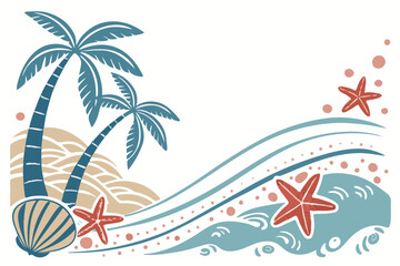Obraz premium Vector illustration of beach scene with striped deck chairs, umbrella, beach ball, waves, and sand in soft pastel tones. Perfect for summer, holiday, relaxation, and vacation-themed designs.