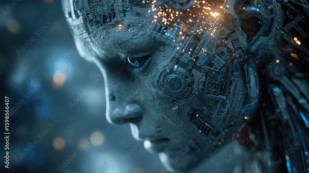 Poster a detailed humanoid robot features complex electronic circuits and luminous elements, set against a 