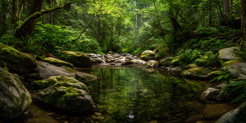 Enchanting panoramic forest scenery showcases soft light filtering through the foliage, creating an ambiance of tranquility as a serene stream flows gently within the enchanting forest scenery.
