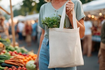 Using a reusable cotton bag to shop at a local farmers market for fresh produce