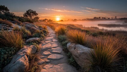 Sunrise path through a misty coastal landscape