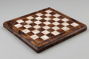 Beautifully crafted wooden chessboard with intricate inlay detail isolated on white background