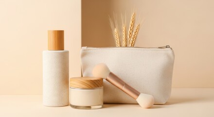 Naklejka premium A collection of natural beauty products including a makeup brush, mascara, lipstick, and skincare items