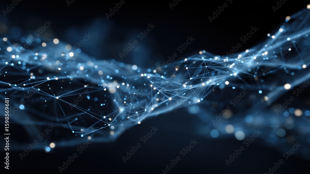 Poster an intricate digital network forms a tapestry of glowing connections against a dark background. ligh