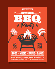 Orange Retro Illustrative BBQ Summer Party Vertical Poster Invitation Template