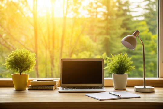Sunlit desk setup with laptop plants and books by a window