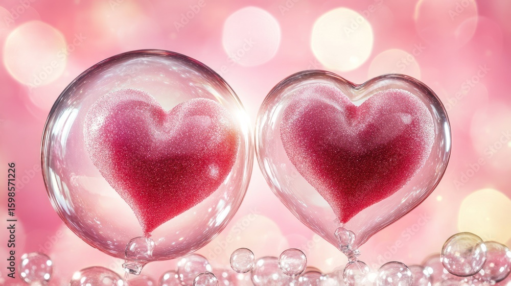 Poster two translucent hearts within bubbles on a soft pink bokeh background