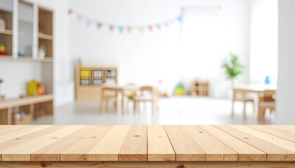 Wooden table with daycare background.