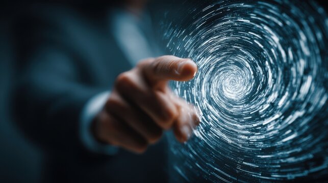 A well-dressed person reaches toward a bright, swirling vortex of light, suggesting a portal or time travel. The dark background contrasts with the luminous energy, creating a striking visual impact.