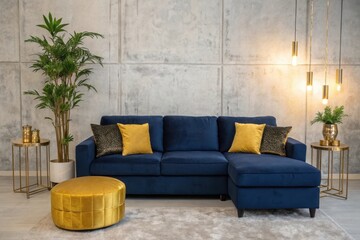 Modern living room with a plush navy sectional sofa and gold accent pieces