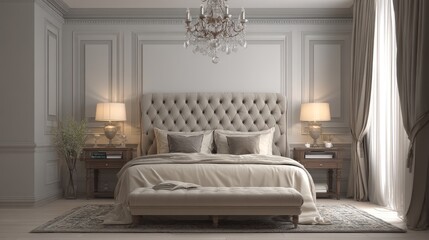Elegant bedroom interior with tufted headboard and light beige bedding.
