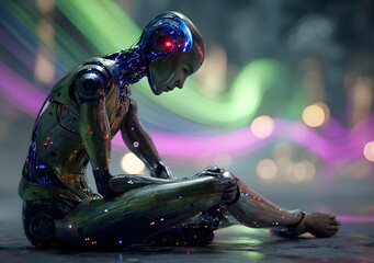 Metallic android in a contemplative pose, surrounded by digital information streams, high tech.