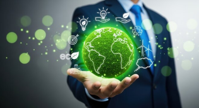 A businessman holds a glowing green earth with environmental icons, symbolizing global sustainability and technology