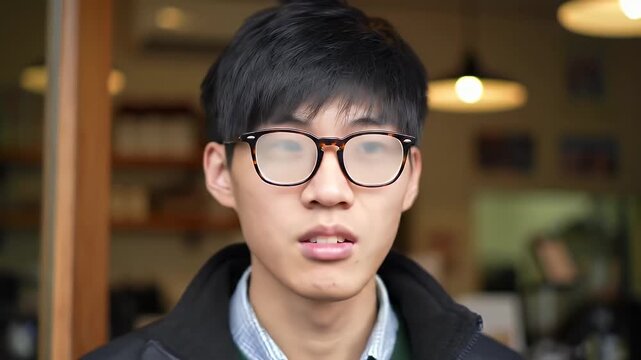 Student or Young Man's Eyeglasses Fogging Up from the Cold After Coming Inside.