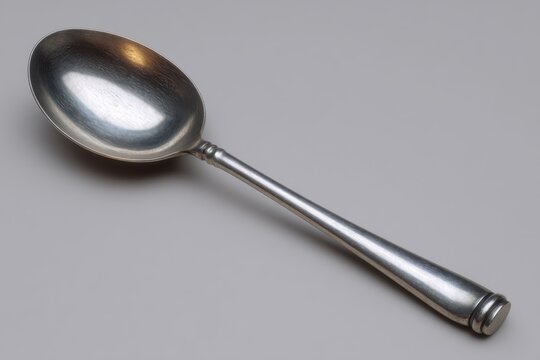 A single antique silver tablespoon with a polished oval bowl and a decorative handle isolated on white background