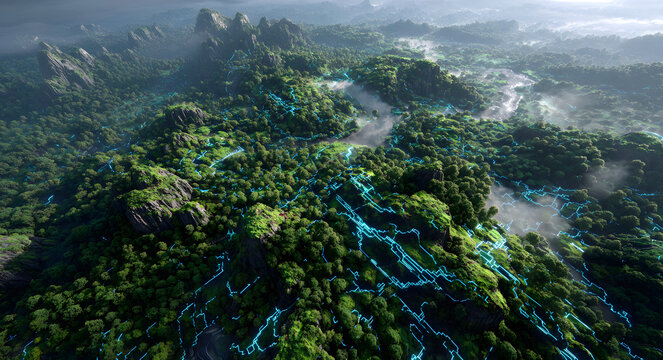Aerial view of a digital circuit pattern across a vast forest - Powered by Adobe