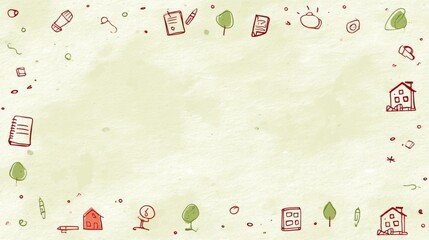 Doodle style icons that depict everyday objects and structures are set against a light green backdrop, and their hand-drawn illustrations contribute to a playful, whimsical design