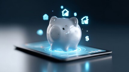 In the foreground, a metallic piggy bank is placed on a tablet, with a house behind it, and digital icons floating nearby, embodying the modern concept of financial management and savings