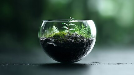 A glass orb rests on the ground, with miniature plant shoots starting to emerge close by, placed against a fuzzy forest setting, representing the balance of environmental stewardship and progress