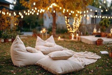 Outdoor cinema setup with cozy seating under autumn lights in a garden setting