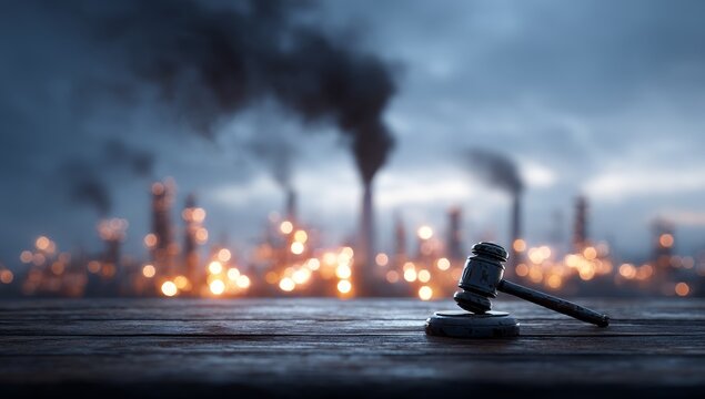A smoky industrial cityscape serves as the setting for the Gavel, representing the law's crusade against pollution and its pursuit of justice for the environment, threatened by the detrimental