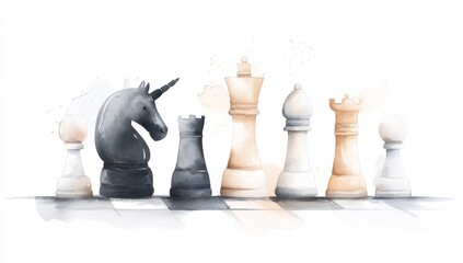 A chessboard features a black unicorn head piece that is noticeable among other pieces, set against a backdrop with a watercolor style