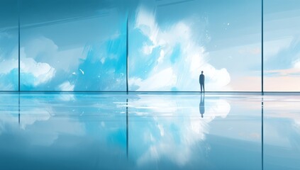 A single figure is transfixed by a dramatic arrangement of clouds, with the immense blue sky bounded by foreboding clouds, prompting a sense of amazement and fascination, amidst a calm scene