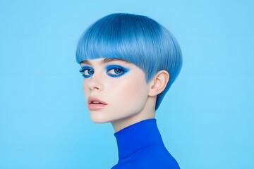Blue bob hairstyle portrait, Monochrome beauty headshot, Bold makeup look

