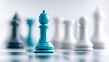Against a soft blue background, a blue king chess piece stands out as the primary focus on a chessboard, with other pieces slightly blurred