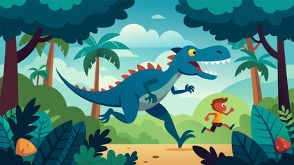 Obraz premium A dinosaur jungle with prehistoric creatures lurking in the trees the runner trying to outrun danger and reach the safety of their virtual camp.. Vector illustration