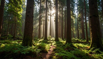 Naklejka premium Sunlight streams through a dense forest