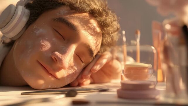 Soft light filters through a window as a nonbinary person rests their head on the table. Surrounded by makeup tools and a hearing aid, they embrace a serene moment of creativity and calm.