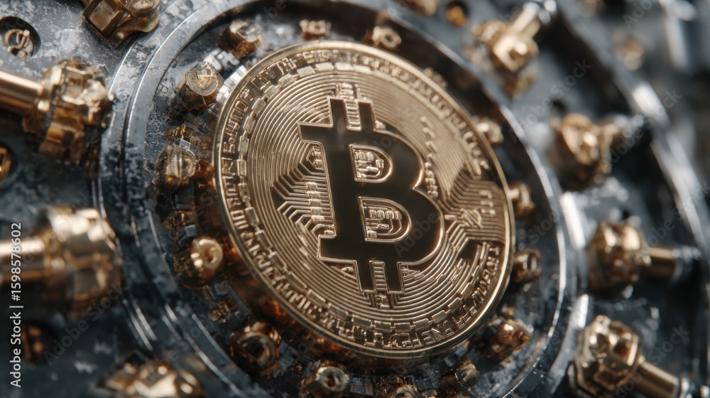 Poster a detailed representation of the bitcoin symbol in gold is surrounded by a complex metallic backdrop
