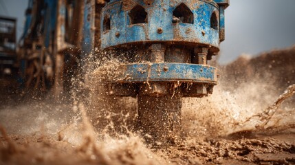 Heavy machinery operates on a construction site, creating large splashes of water and mud as it drills into the wet ground under a cloudy sky in the late afternoon light.