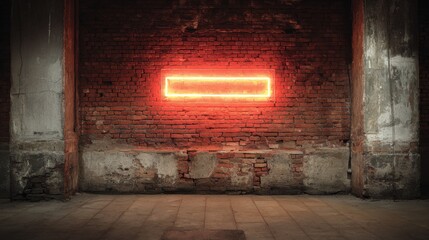 Rusty brick walls surround a glowing neon sign in this deserted space. The intense orange light casts shadows, highlighting the weathered textures and creating an urban atmosphere at night.