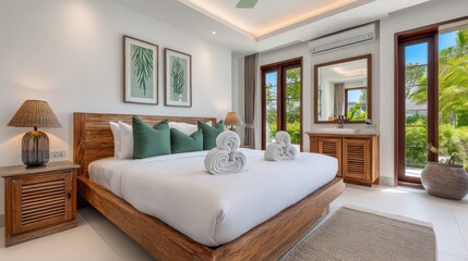 A king-sized bed with white linens and green throw pillows in a bright bedroom.
