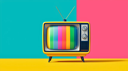Retro television with color test pattern on colorful split background