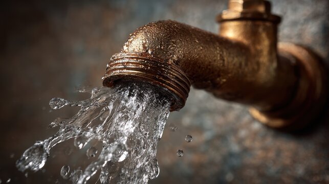 Rusty brass pipe leaks water in a dimly lit environment, showcasing the force of flowing water and highlighting plumbing challenges. The scene conveys urgency and the need for repairs.