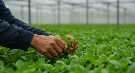 Skilled hands gently nurture vibrant green plant seedlings flourishing in a modern greenhouse, representing sustainable agricultural innovation and the future of fresh produce cultivation.