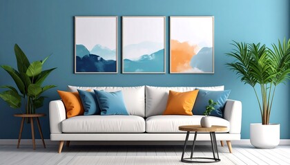 Modern living room interior design with three framed abstract artworks, a white sofa, and potted plants